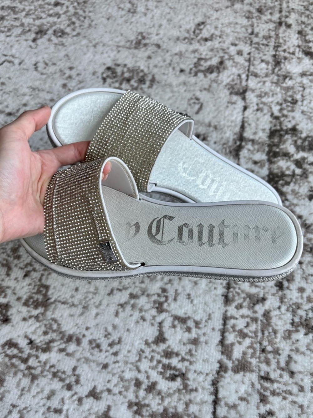 Y2K Juicy Couture Yippy White Slide Sandals with Silver Crystal Rhinestones - Picture 8 of 12